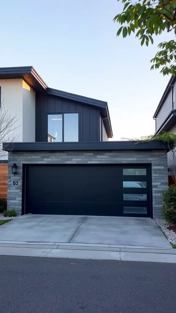 A modern black sliding garage door on a contemporary home.