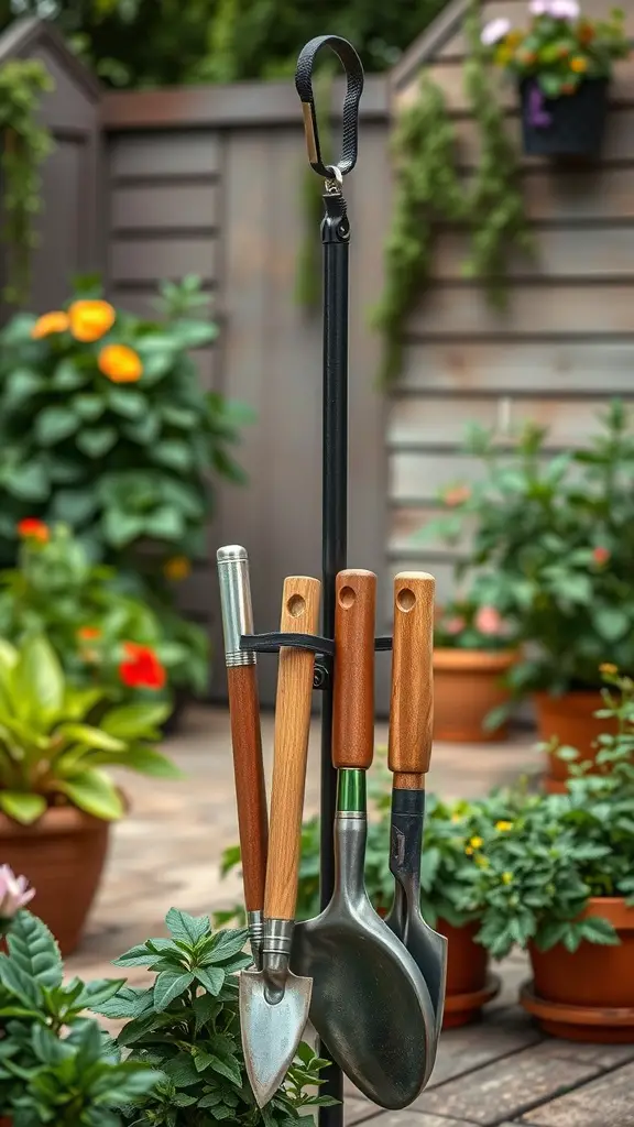 A sling-style outdoor tool holder with various gardening tools hanging from it.