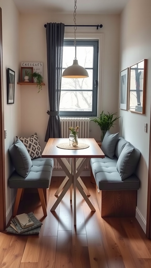 17 Cozy Dining Nook Ideas for Your Home 13 A cozy small dining nook with built-in benches, a wooden table, and natural light from a window.