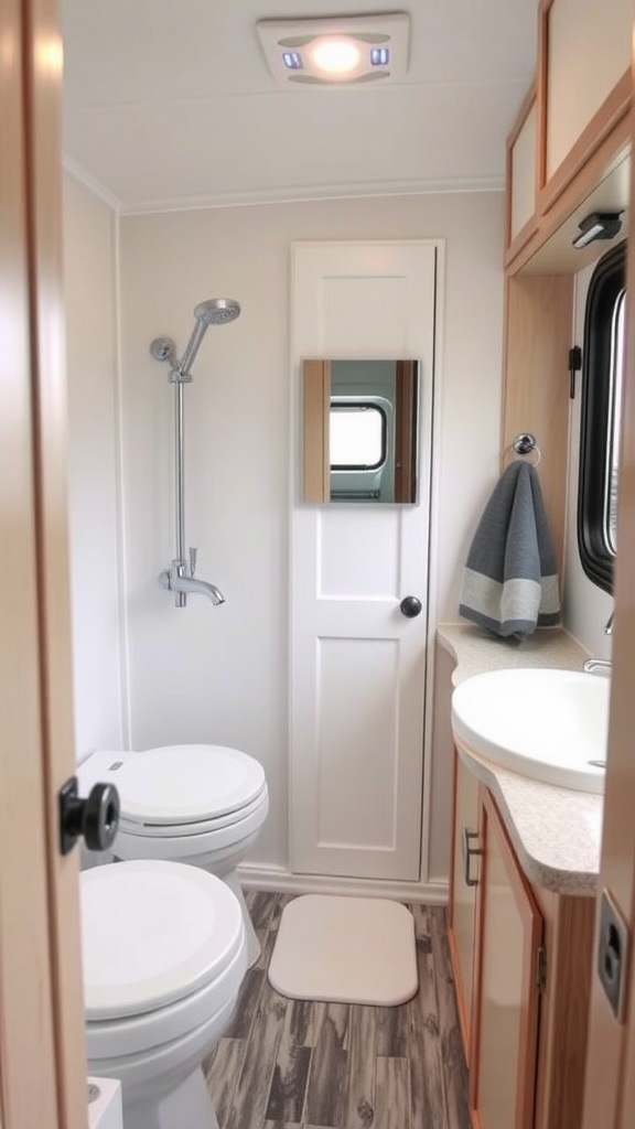 Interior view of a compact camper bathroom with shower, toilets, and sink.