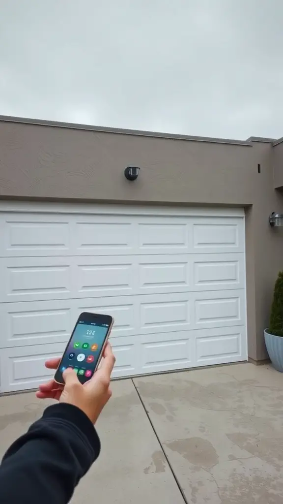 27 Stunning Modern Garage Door Designs You’ll Love 5 A person using a smartphone to control a modern garage door.