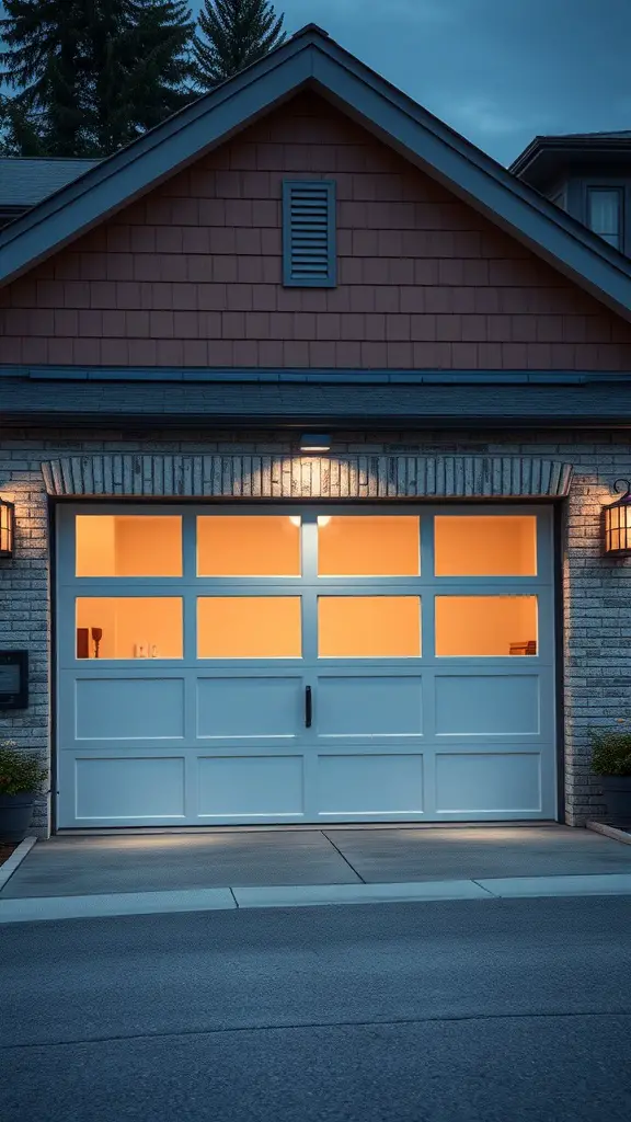A modern white garage door with warm lighting, showcasing smart technology.