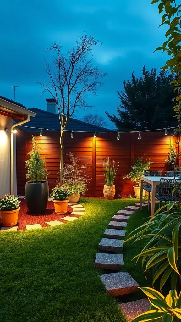 19 Modern Backyard Landscaping Ideas to Transform Your Outdoor Space 11 A modern backyard with smart lighting, stone pathway, and potted plants at dusk.