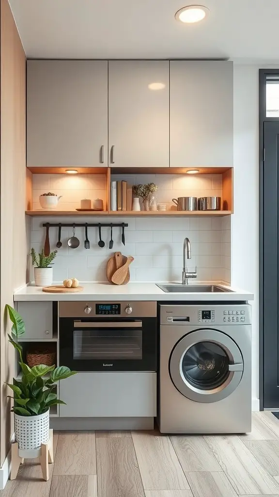 23 Stunning Modern Kitchen Ideas You Need to See 12 A modern small kitchen layout featuring a combination of an oven and washing machine, with shelves and plants, creating a functional and stylish space.