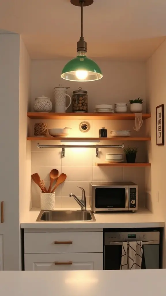 A small kitchen featuring a green pendant light above the sink and open shelves displaying kitchen items.