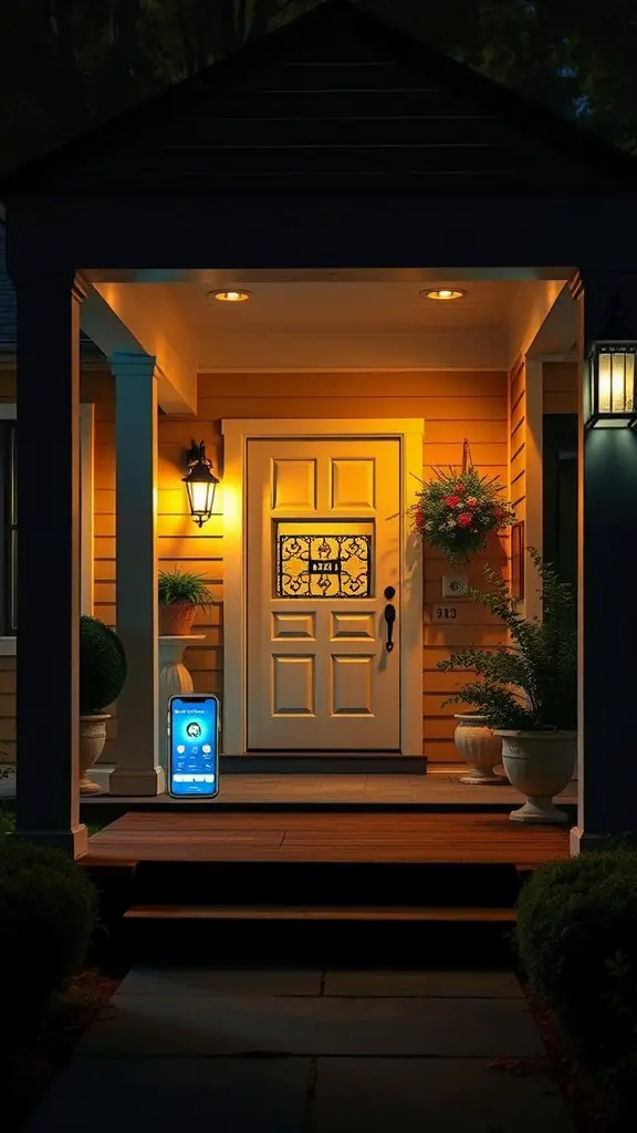 A welcoming porch with warm lighting and a smartphone for smart light control.