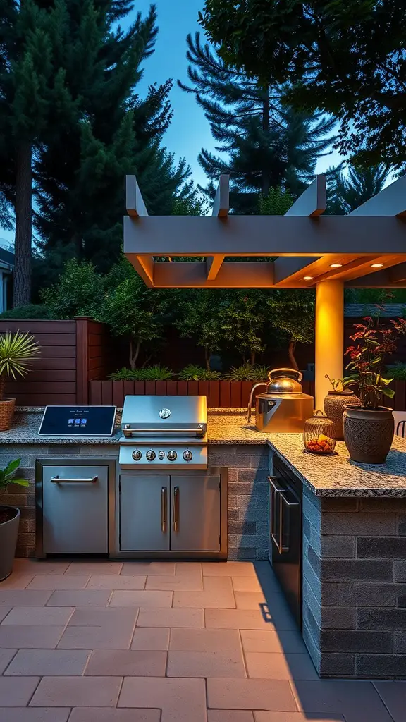 19 Stunning Covered Outdoor Kitchen Design Ideas You’ll Love 6 A modern outdoor kitchen with a digital grill and warm lighting