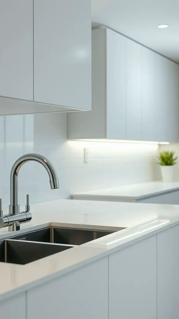 21 Stunning Luxury Kitchen Design Ideas for Your Dream Home 8 A modern kitchen with a sleek design featuring a stylish sink and under-cabinet lighting.