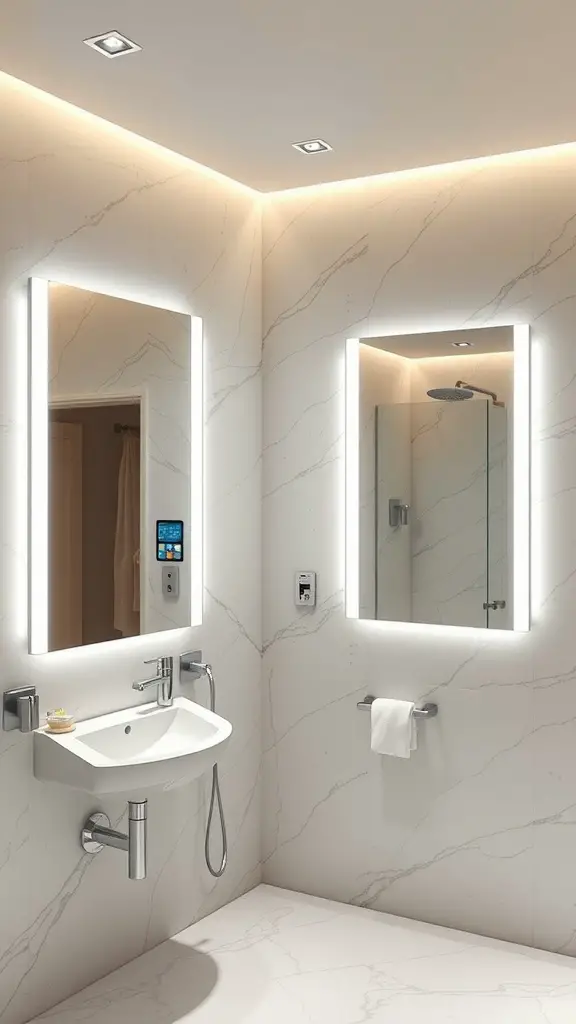 A modern bathroom featuring smart technology with illuminated mirrors and a walk-in shower.