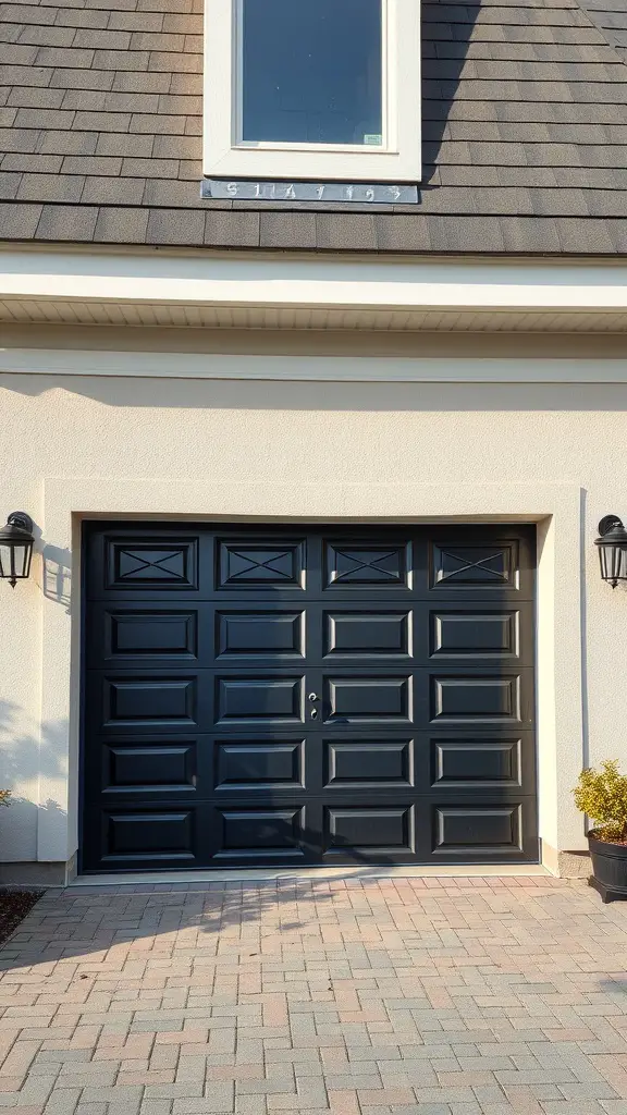 Black garage door with modern design and smart technology features.