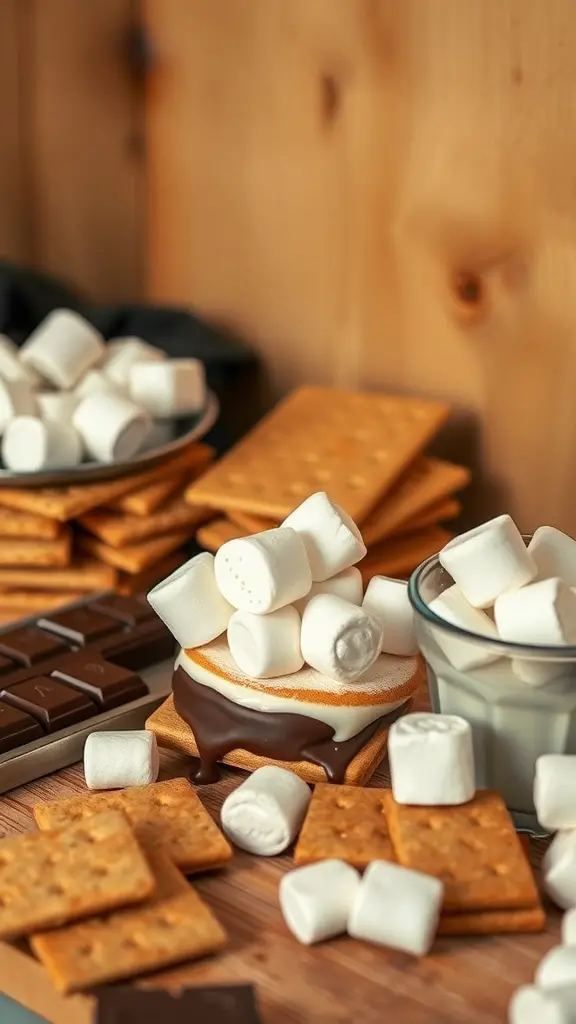 A display of graham crackers, marshmallows, and chocolate ready for a s'mores bar.