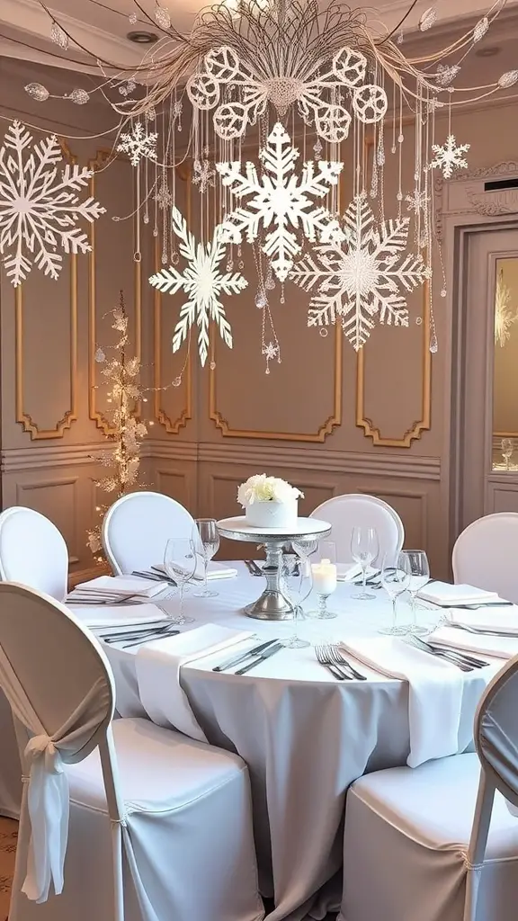 A beautifully decorated winter-themed baby shower table with snowflake accents.
