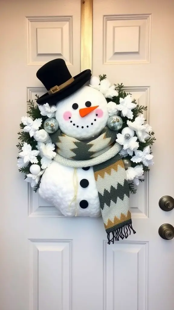 13 Stunning DIY Wreaths to Welcome You Home 15 A winter wreath featuring a snowman with a top hat, scarf, and decorative flowers.