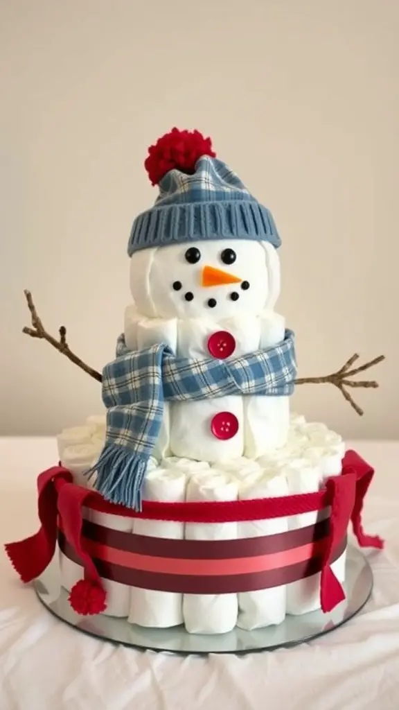 23 Creative Baby Shower Ideas for December Celebrations 8 A creative snowman diaper cake made from rolled diapers, featuring a blue hat, a plaid scarf, buttons, and twig arms.