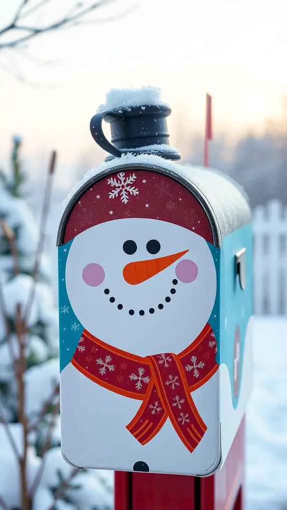 A festive snowman mailbox wrap with a carrot nose and red scarf, covered in light snow.