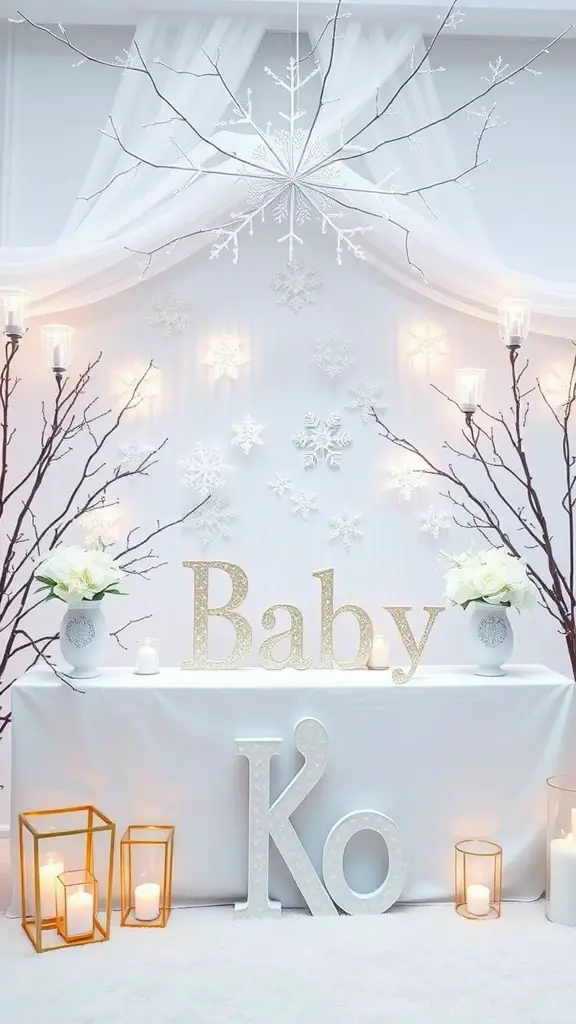A beautifully decorated snowy vanilla cake perfect for a winter baby shower.
