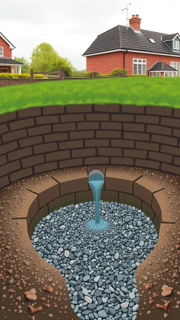 An illustration of a soakaway drainage system showing water flowing into a gravel bed beneath the ground.