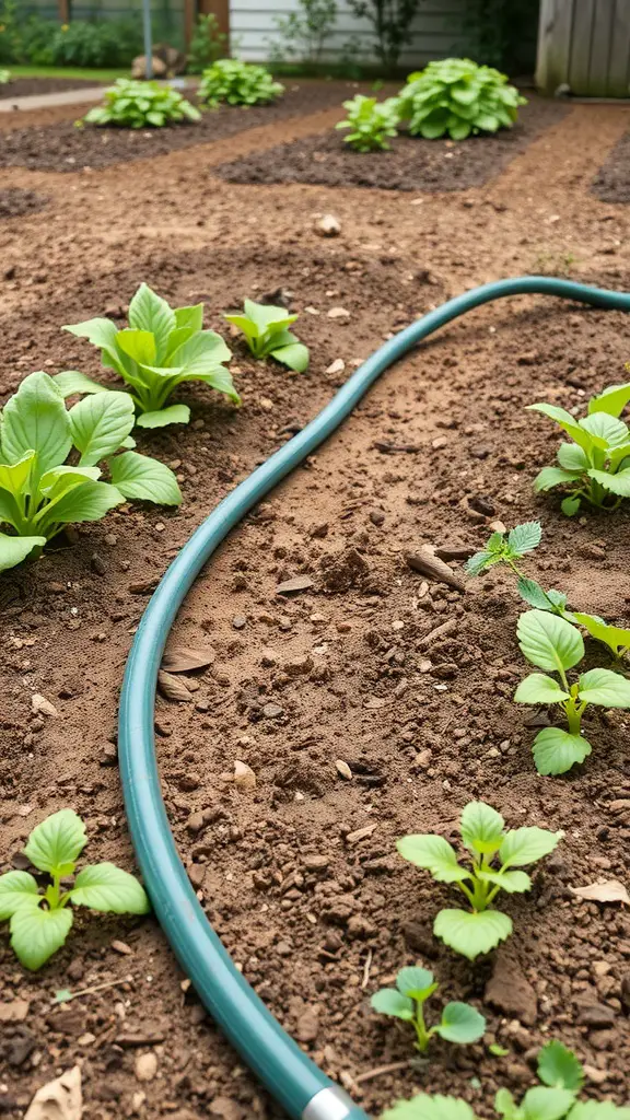 15 Creative Garden Irrigation Ideas for a Thriving Garden 6 A soaker hose in a garden bed with young green plants growing around it.