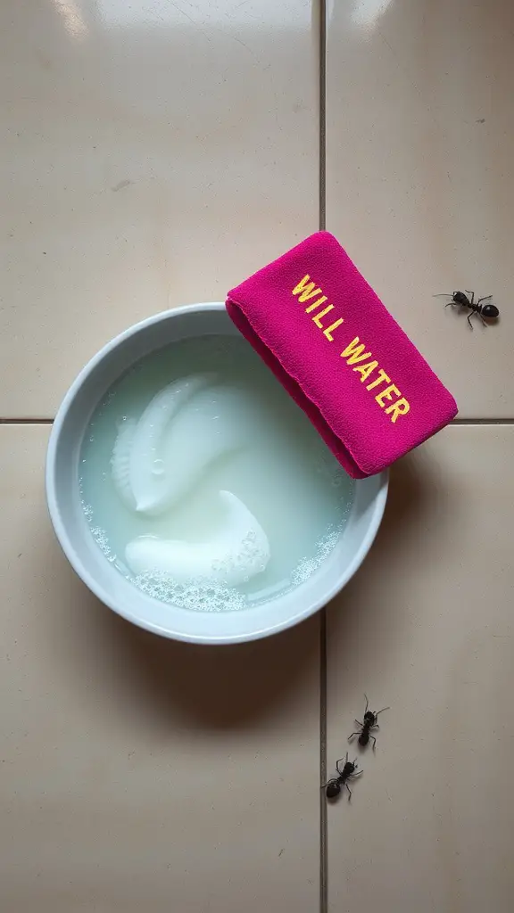15 Effective DIY Indoor Ant Repellents You Can Make at Home 9 A bowl of soapy water with a pink towel, featuring ants nearby