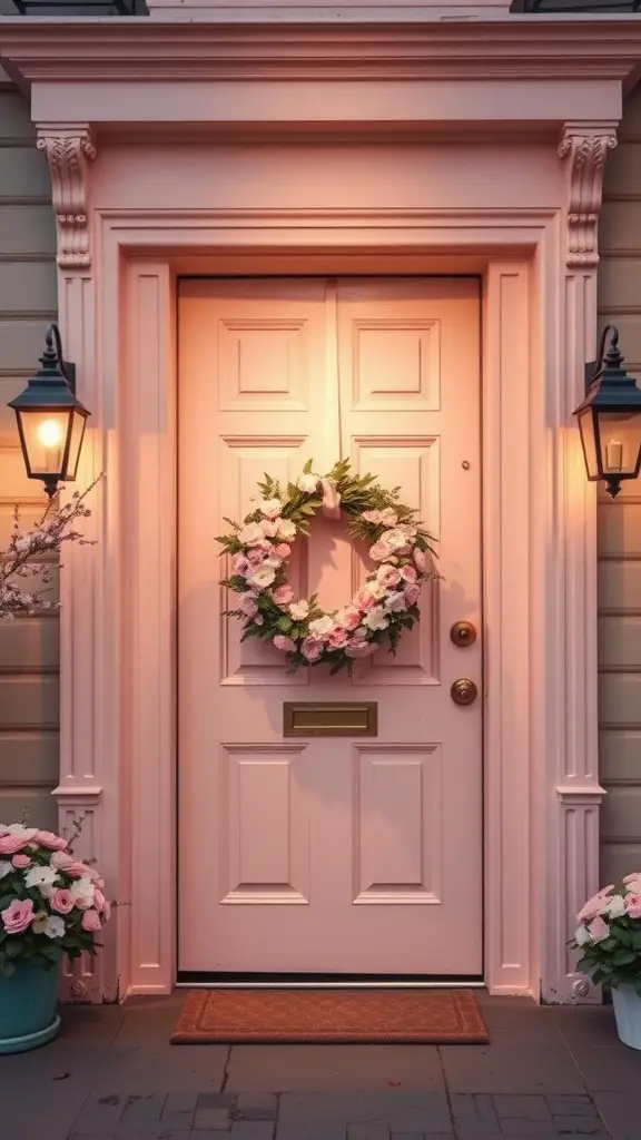 A soft blush pink front door adorned with a floral wreath and surrounded by potted flowers, creating a romantic and inviting entryway.