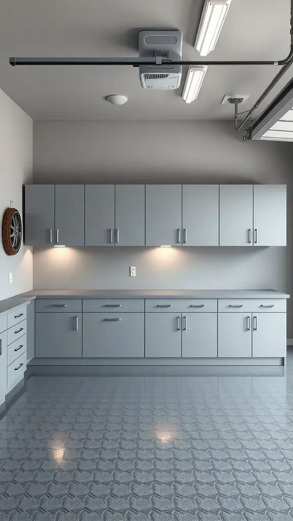 A modern garage with soft gray walls and matching cabinets