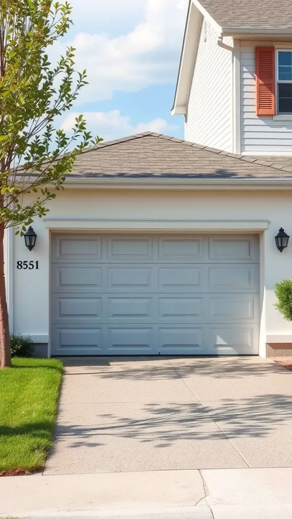 A soft gray garage door on a house with a white exterior and green lawn.
