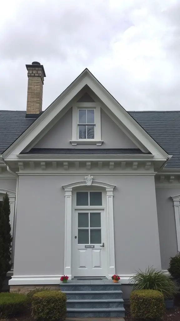 19 Beautiful Exterior House Colors to Transform Your Home 7 A house painted in soft gray with white trim, featuring a stylish entrance and surrounded by green bushes.