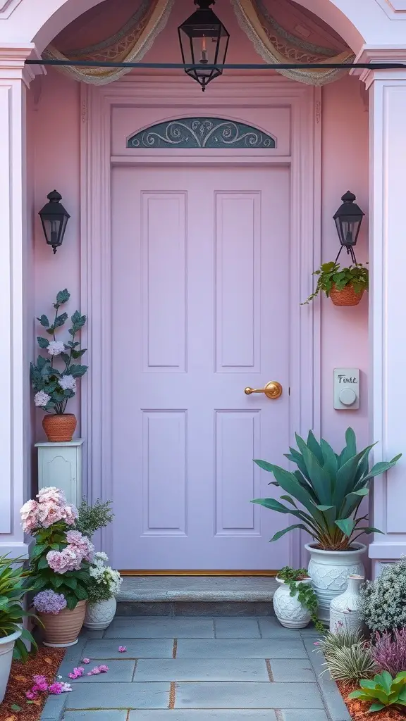 13 Stunning Front Door Color Ideas to Transform Your Home 15 A front door painted in soft lavender, decorated with potted plants and flowers.
