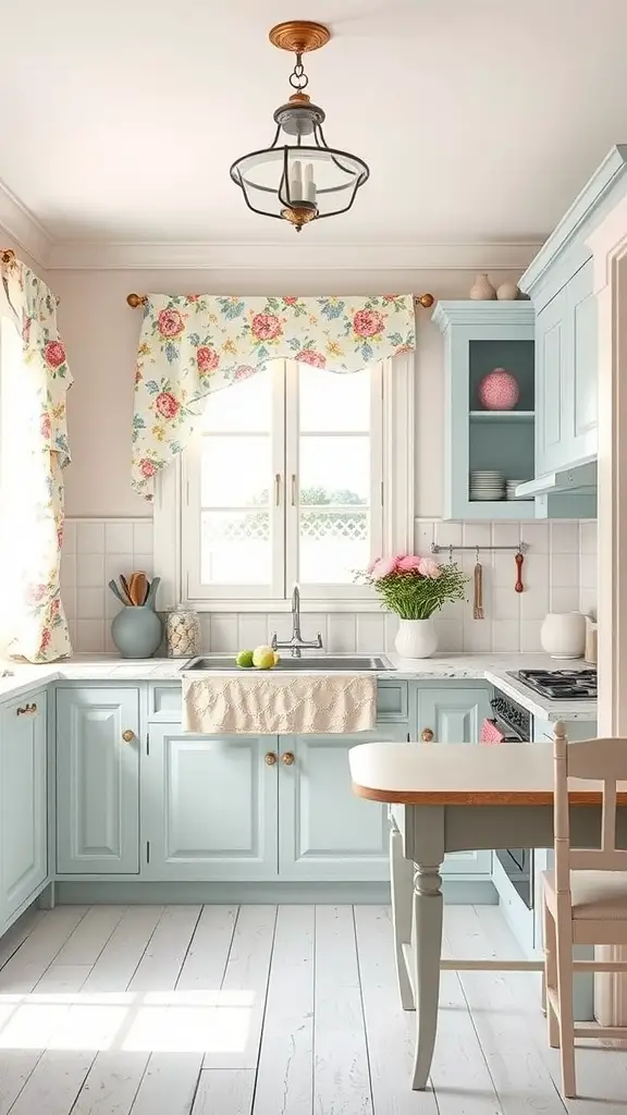 A cozy kitchen featuring light blue cabinets, floral curtains, and a wooden table.