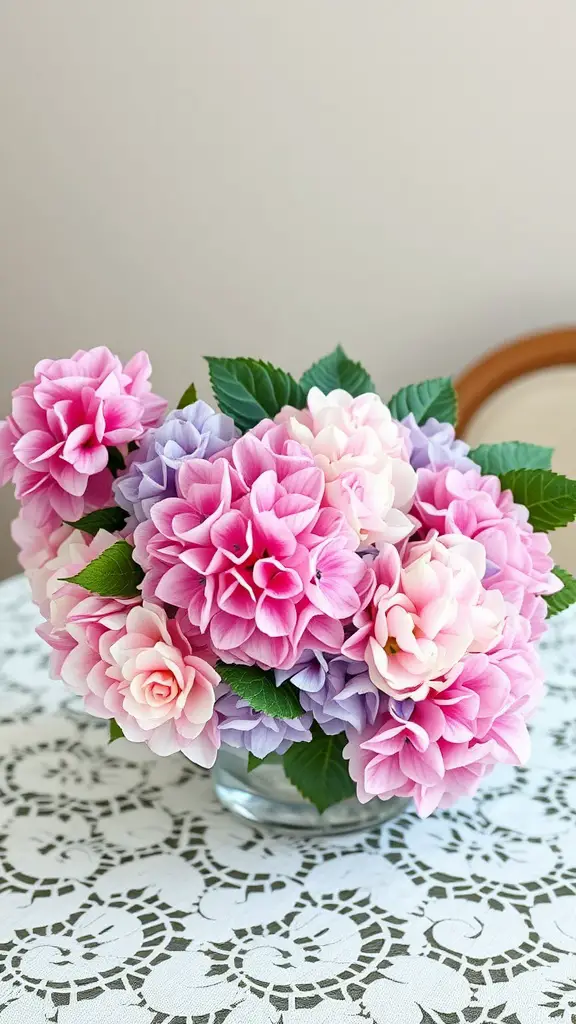 A soft pastel mix of hydrangeas in shades of pink and lavender arranged in a glass vase on a lace tablecloth.
