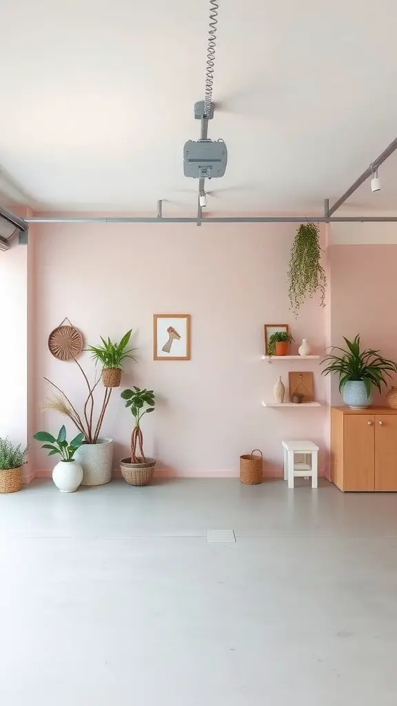 A garage with soft pastel pink walls, potted plants, and a light wooden cabinet.
