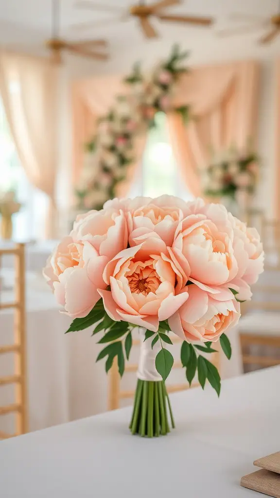 A beautiful bouquet of soft peach peonies arranged elegantly on a table in a wedding venue, with a floral arch in the background.