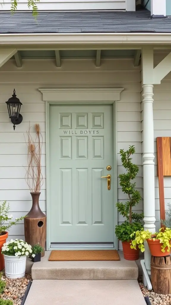 17 Stunning Green Front Door Ideas to Elevate Your Curb Appeal 8 A soft sage green front door with natural accents, surrounded by potted plants and a decorative vase.