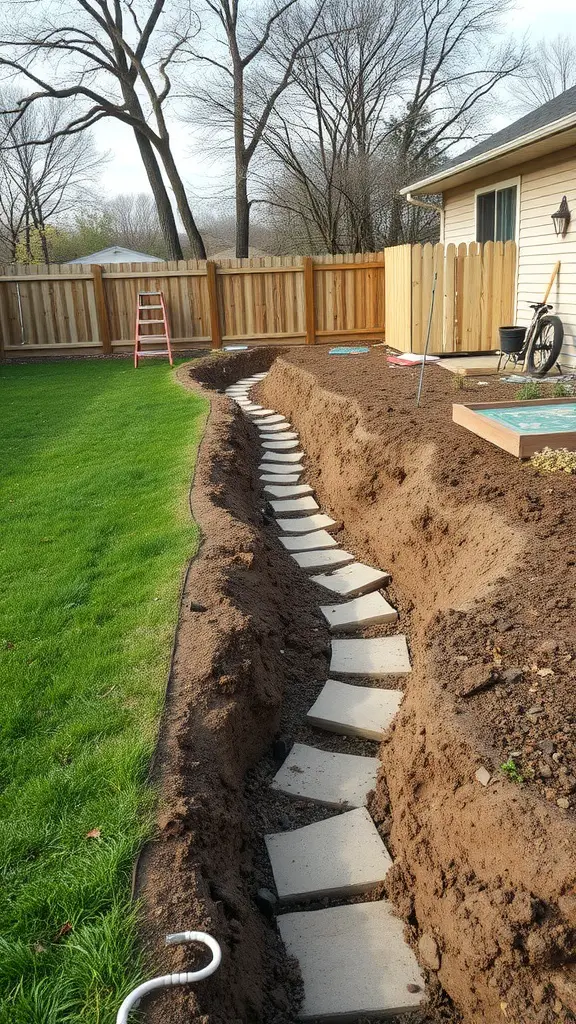 25 Creative Yard Drainage Ideas to Transform Your Outdoor Space 14 A yard with a graded soil path featuring concrete slabs, showing proper drainage planning.