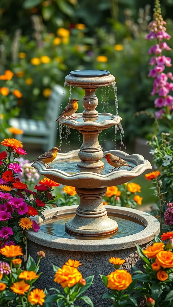 17 Creative DIY Solar Fountain Ideas for Your Garden 6 A solar-powered birdbath fountain with birds perched on it, surrounded by colorful flowers.