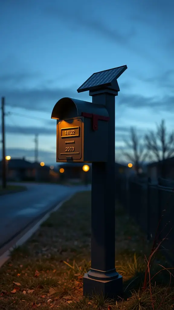 A solar-powered mailbox with a light, shown in a serene evening setting.