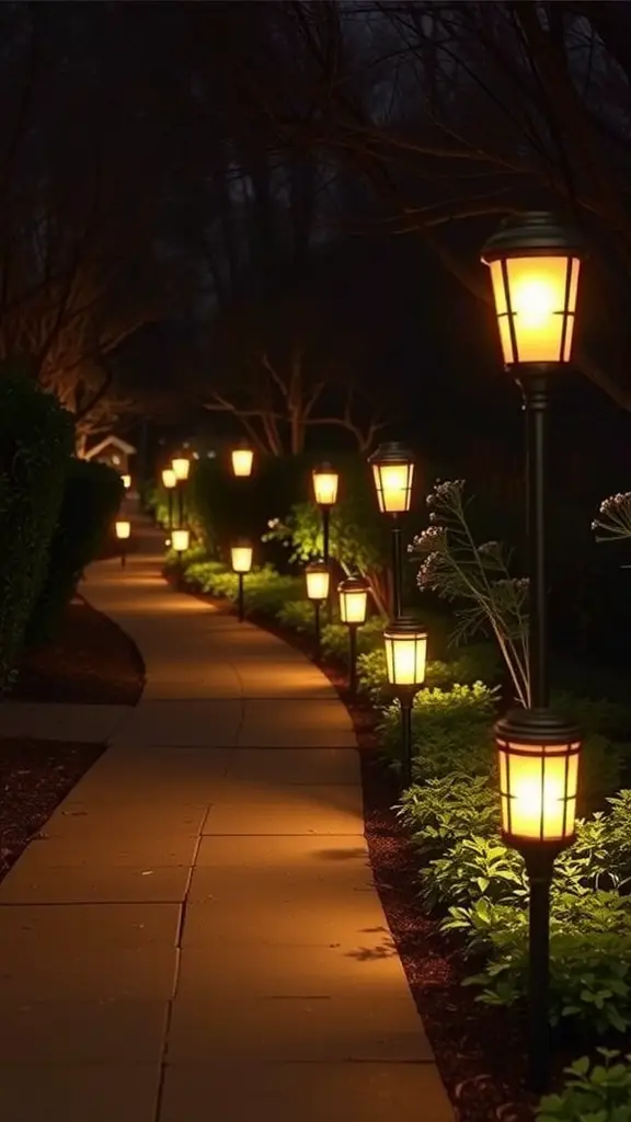 21 Creative Garden Lantern Ideas to Illuminate Your Outdoor Space 7 A pathway lined with solar-powered lanterns glowing warmly at night