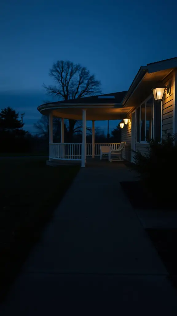 A porch with solar-powered lights illuminating the pathway during dusk
