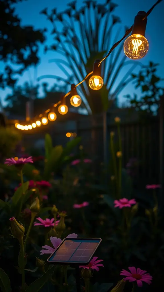 17 Stunning Backyard String Lights to Transform Your Outdoor Space 7 Solar-powered string lights hanging above garden flowers with a solar panel in the foreground.