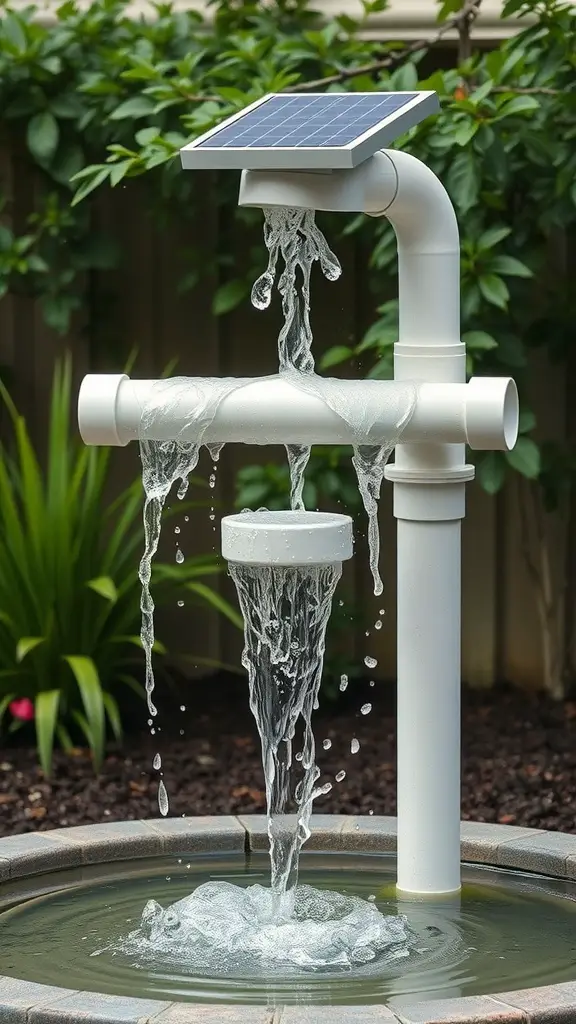 17 Creative DIY Solar Fountain Ideas for Your Garden 14 A solar fountain made from PVC pipe, featuring a solar panel and a water feature.