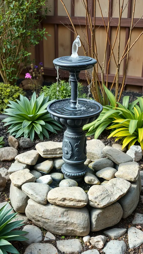 17 Creative DIY Solar Fountain Ideas for Your Garden 8 A solar fountain surrounded by decorative stones in a garden setting.
