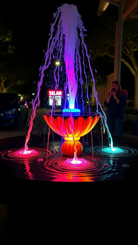 17 Creative DIY Solar Fountain Ideas for Your Garden 5 A colorful solar fountain at night with LED lights illuminating the water.