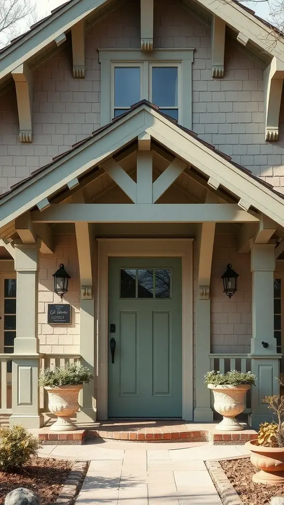 15 Stunning Sage Green Exterior Doors to Inspire Your Home Makeover 15 A sophisticated Arts and Crafts style home featuring a sage green door, exposed beams, and elegant planters.