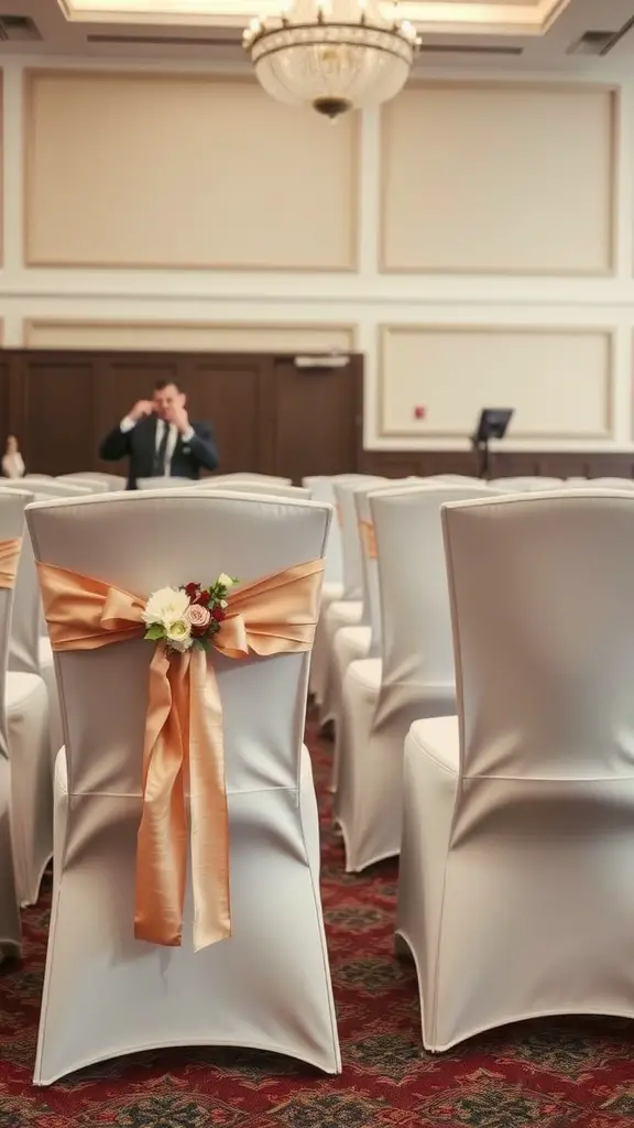 23 Stunning Banquet Decoration Ideas for Your Next Event 6 White chairs with peach ribbons and flower accents in a banquet setting.