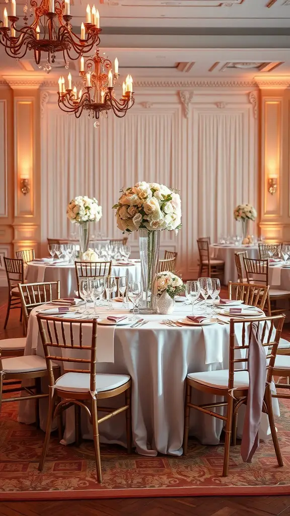 21 Stunning Indoor Wedding Ideas You've Got to See 15 Elegant indoor wedding setup with tables decorated in soft colors and floral arrangements.