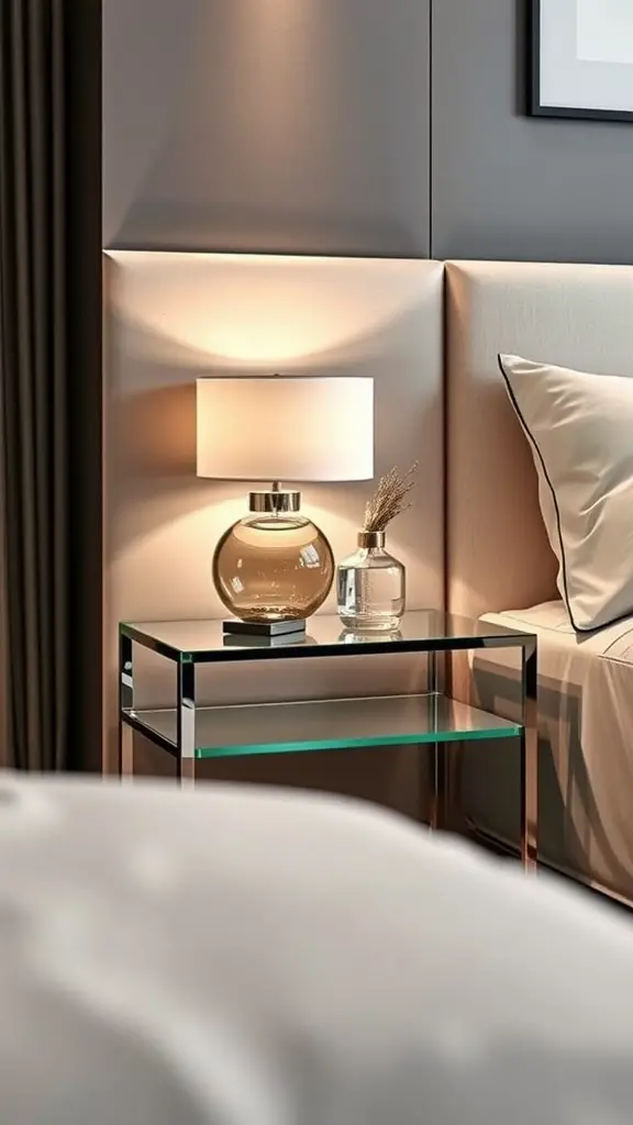 21 Stunning Bedside Table Ideas for Every Style 6 A sophisticated glass and metal bedside table featuring a modern lamp and decorative items.