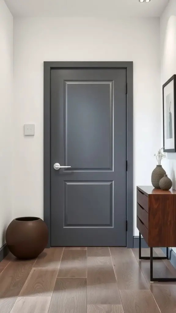 A modern gray door in a stylish entryway setting