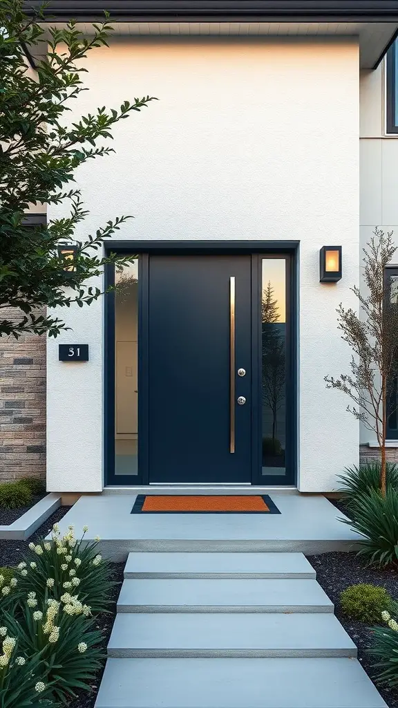 A modern navy blue exterior door with a sleek design, surrounded by greenery and a stone pathway.