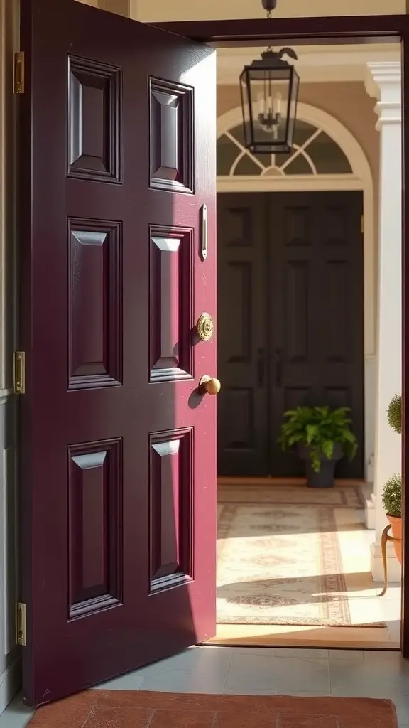 A plum front door open, contrasting with black doors in the background and adorned with greenery and a decorative rug.