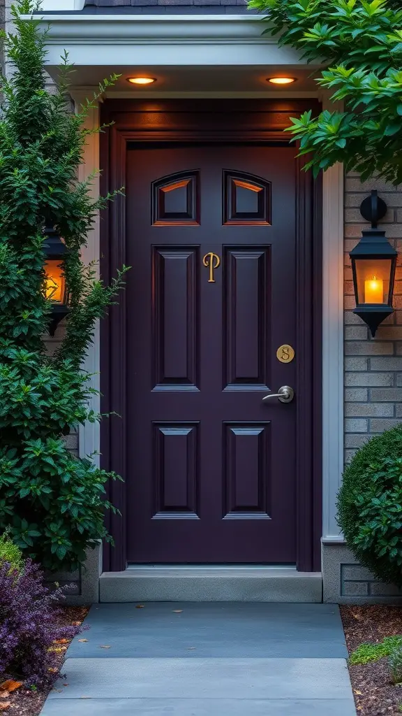13 Stunning Front Door Color Ideas to Transform Your Home 14 A sophisticated plum front door with a monogram, framed by greenery and lanterns